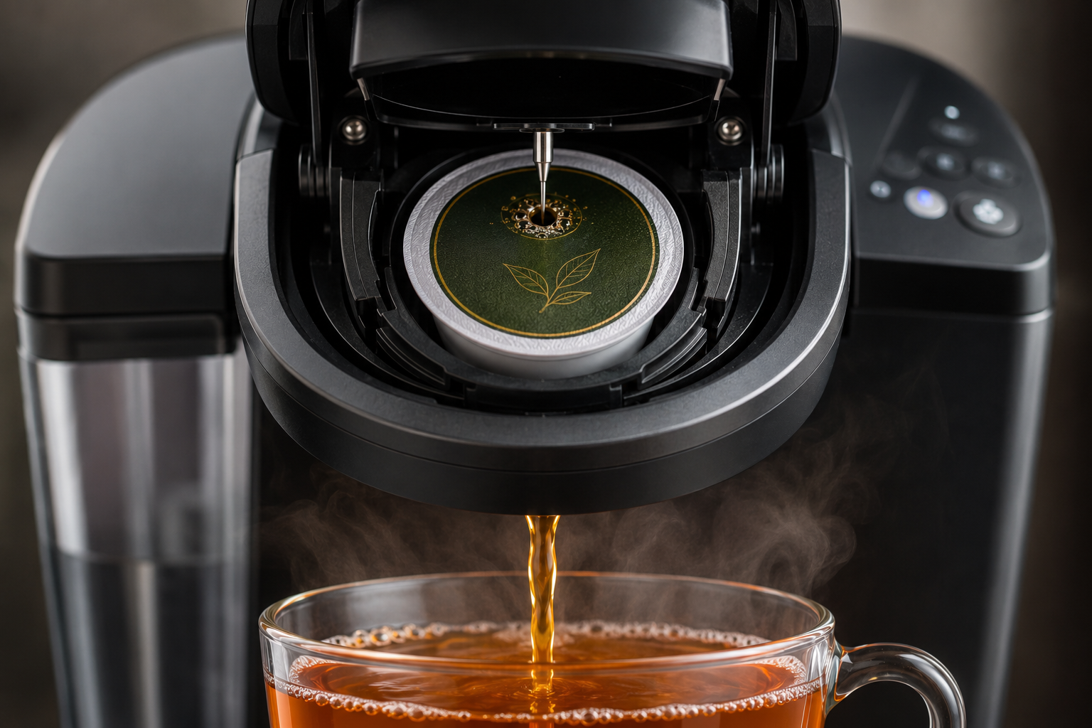 A Ceylon tea capsule brewing in a single-serve machine, tea pouring into a glass cup